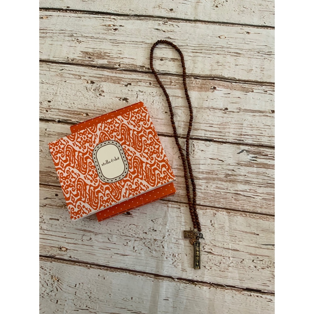 Stella & Dot Wood Awakening Bead Charm Necklace Brown Long Boho Toggle Clasp